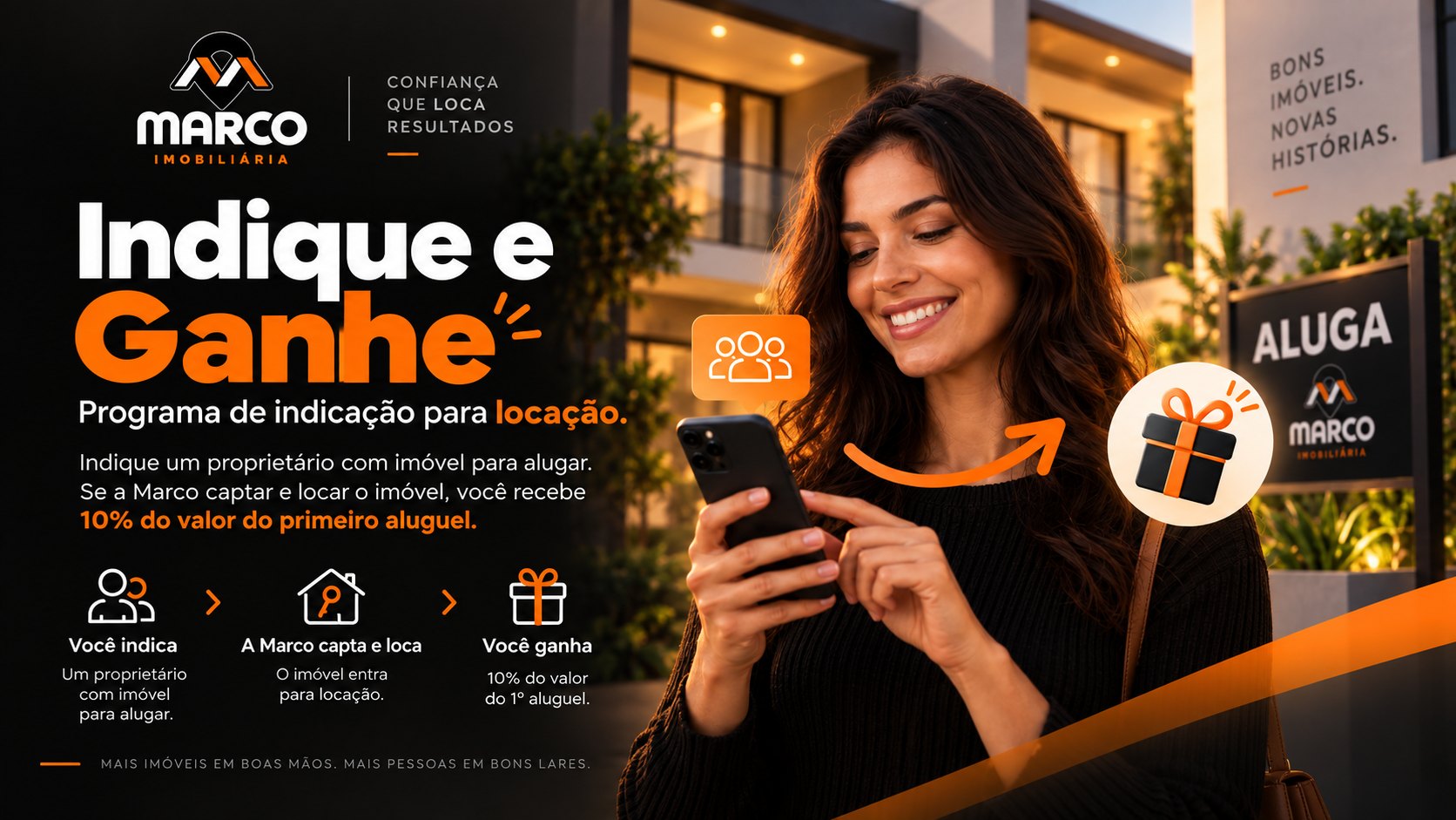Indique e Ganhe, programa de indicação para locação da Marco Imobiliária. Indique um proprietário com imóvel para alugar. Se a Marco captar e locar o imóvel, você recebe 10% do valor do primeiro aluguel.